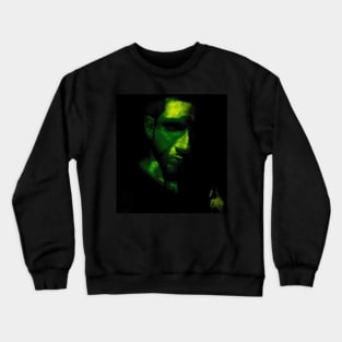 Portrait, digital collage and special processing. Man looking from darkness. Green light. Crewneck Sweatshirt